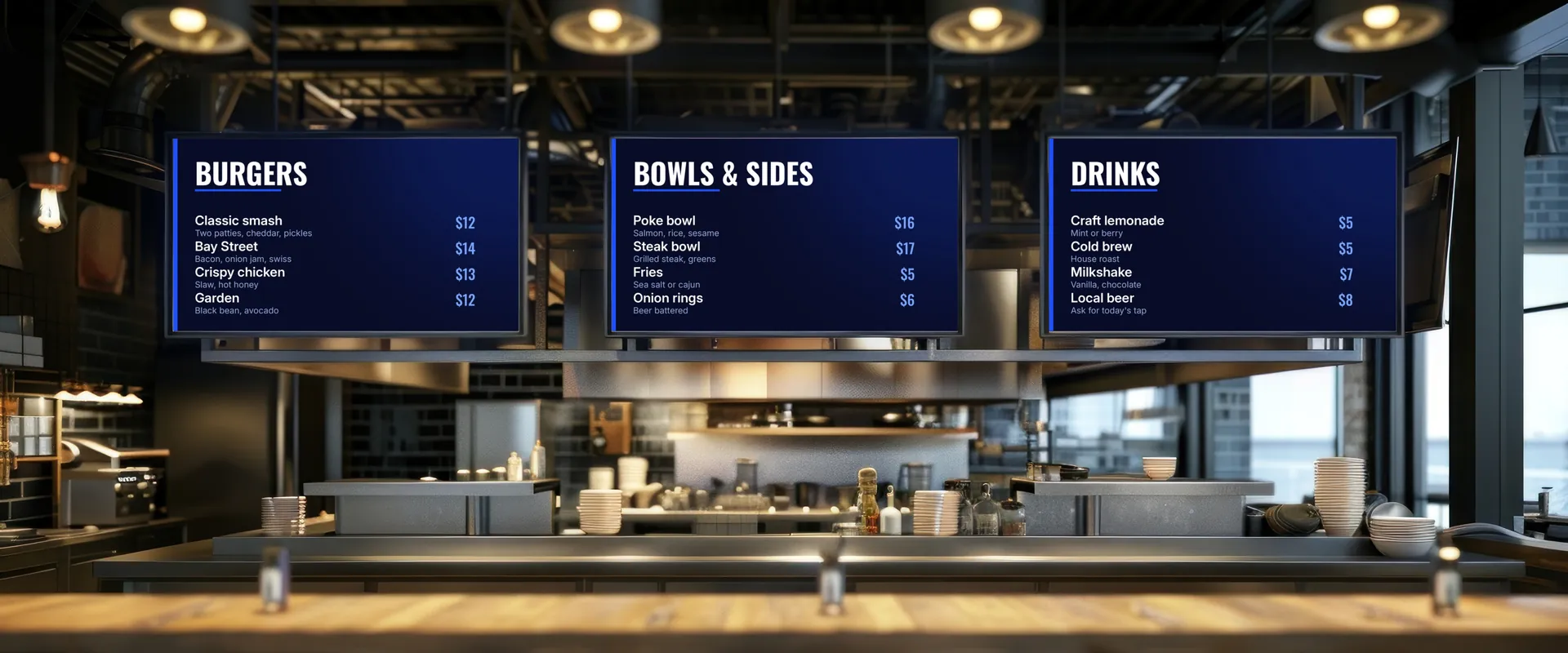 Visual Branding | Home Digital menu boards above a restaurant counter